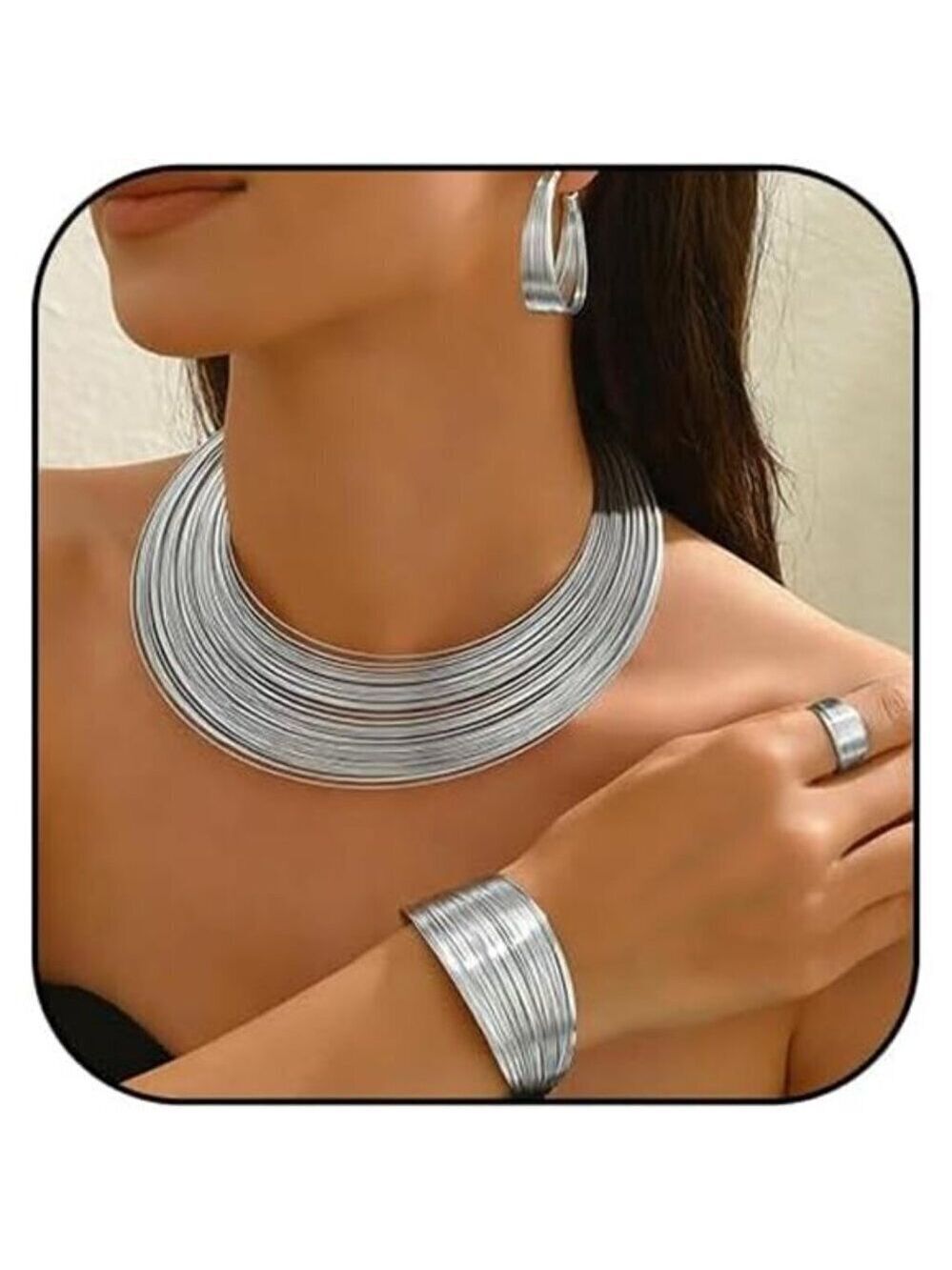 African Jewelry 4 pc Set Chunky Hoop Earrings Choker Ring & Bracelet Silver Tone